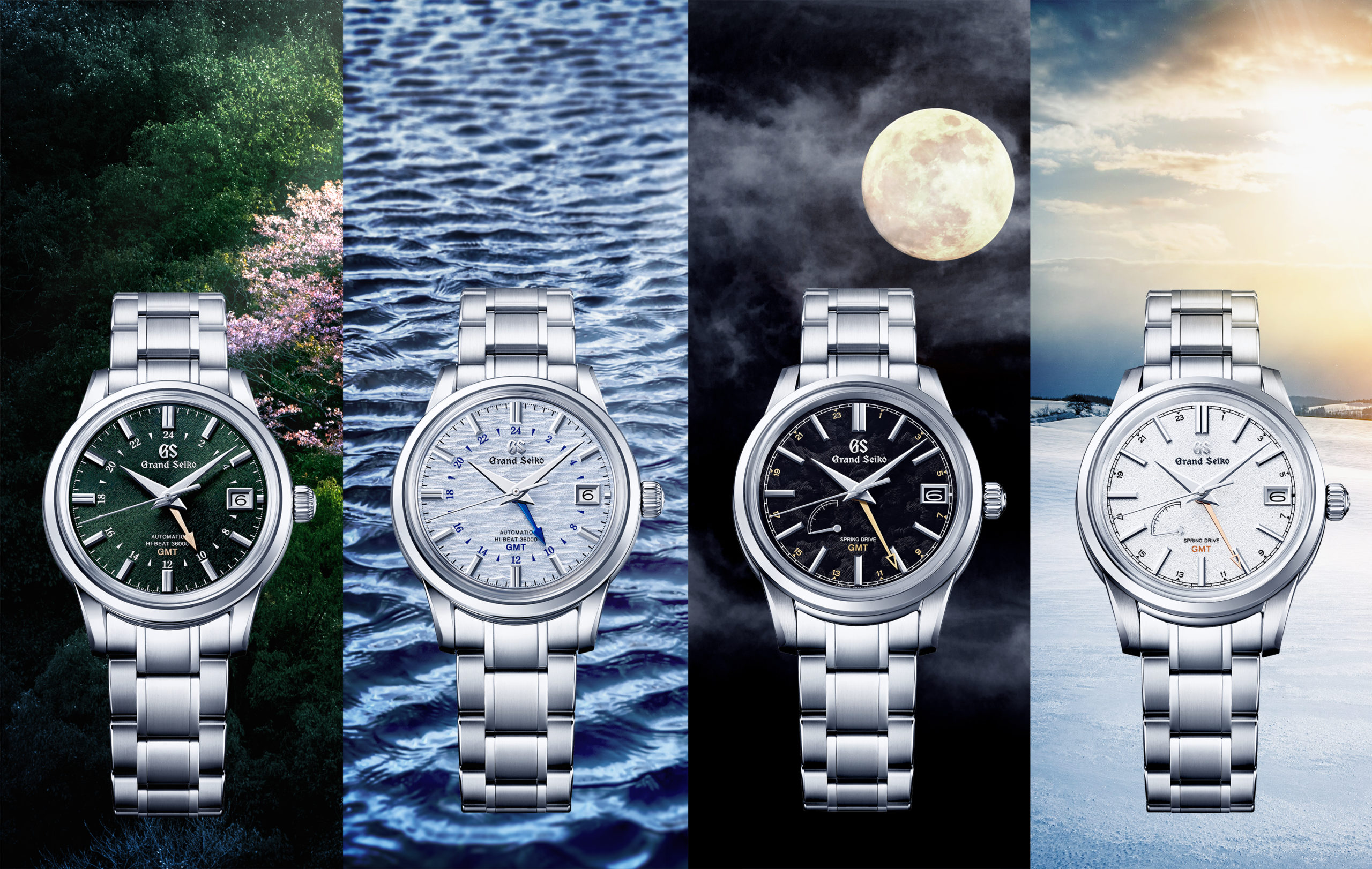 All four Grand Seiko Japan Seasons watches on seasonal backgrounds.