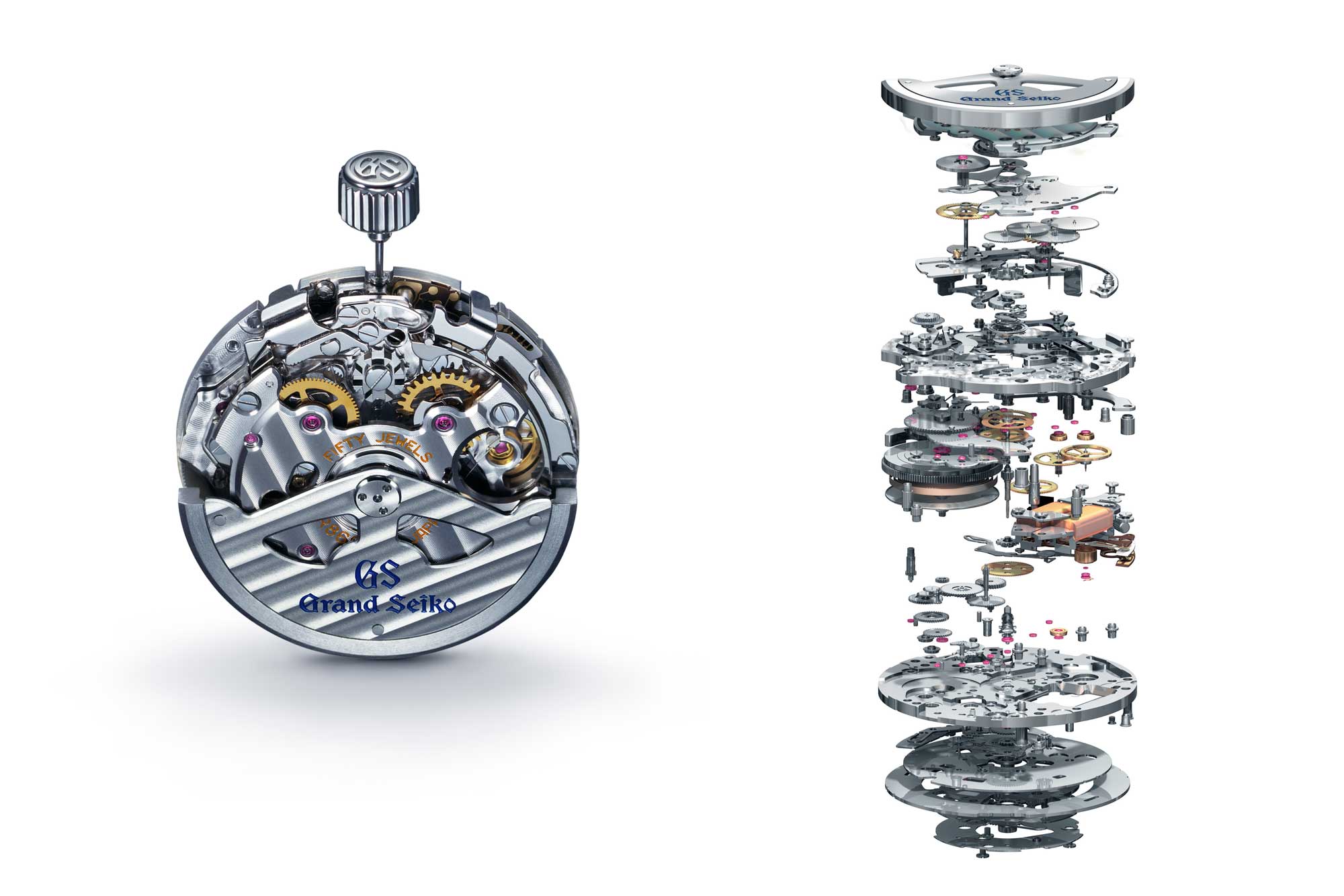 Grand Seiko caliber 9R86 alongside an exploded view of the movement.